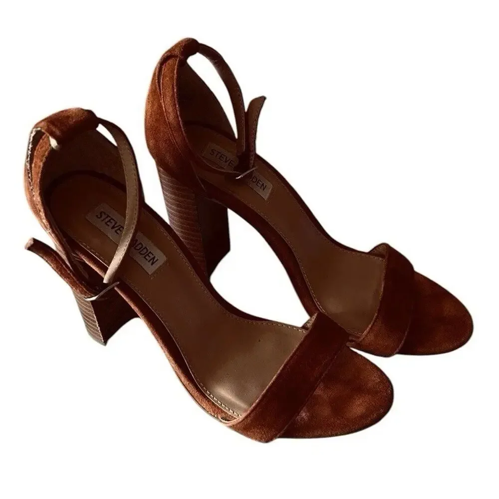Steve Madden Carrson Chestnut Brown Leather Suede Block Heeled Sandals Size 8